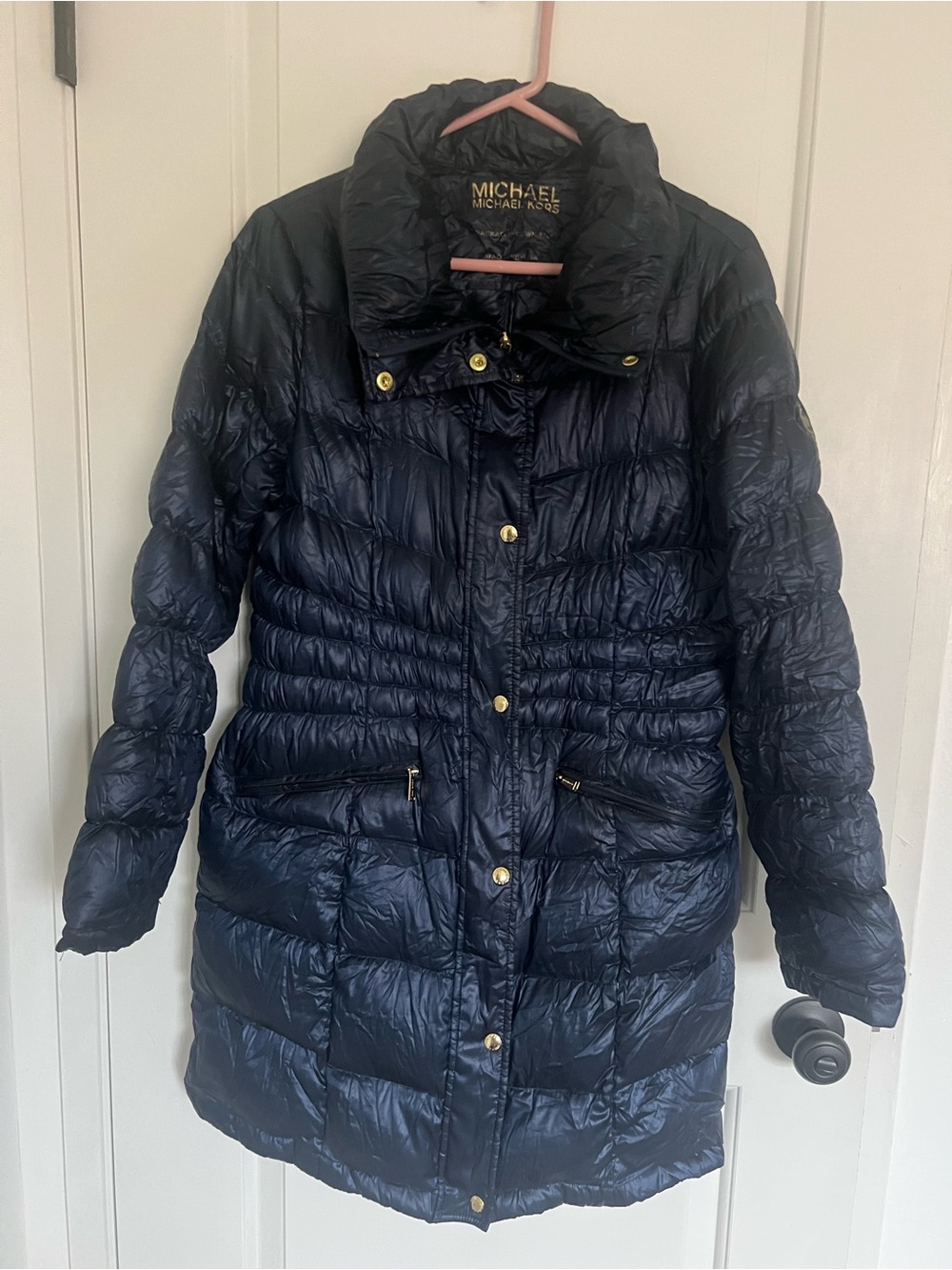 Michael Kors Navy Long Quilted Packable Puffer Coat with Gold-Tone Hardware